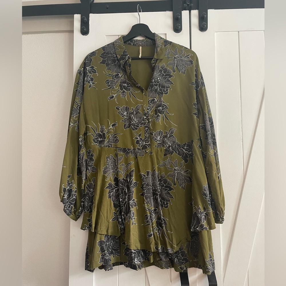 Free People Dark Olive Green Long Sleeve Mini Shirt Dress